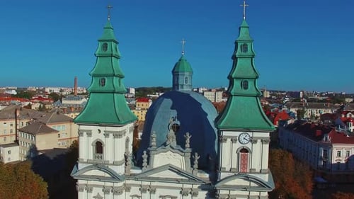 Aerial View Of Cathedral Church. Aerial drone view of church facade in city