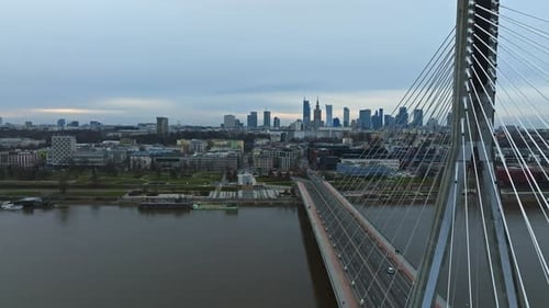 Aerial Panorama of Warsaw Poland with Swietokrzyski Bridge Over the Vistual River