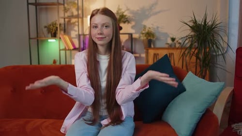 Redhead Child Girl Smiling Pointing to Camera Choosing Lucky Winner Indicating Inviting Approve