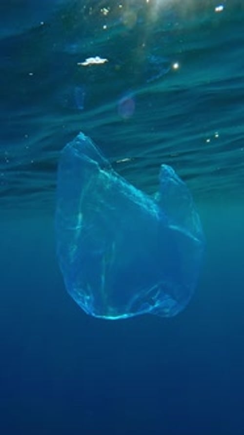 Vieja bolsa de plástico transparente a la deriva bajo el resplandor del sol bajo la superficie del agua azul reflejada en ella