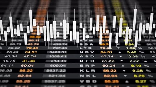 3D loop of white candlestick charts over dark financial data tables.