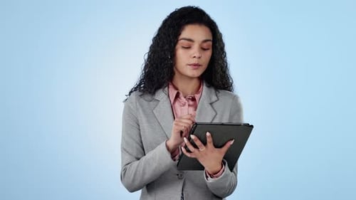 Business, woman and tablet in studio for internet, web search and networking with agree expression