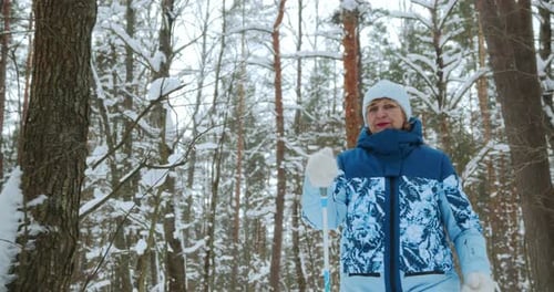 A 65s Pensioner is Engaged in Sports in the Winter Forest Riding Classic Skins