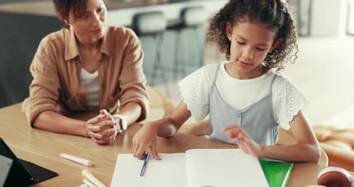 Child, e learning and woman with helping, writing notes and support for education or studying