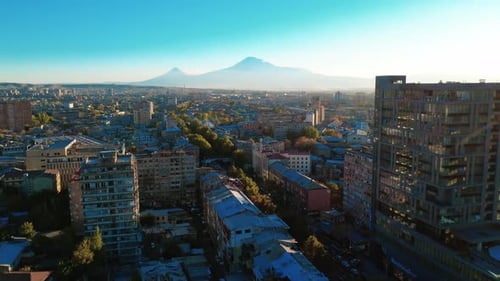 Yerevan Skyline at Sunset with Mount Ararat and Soviet Apartment Blocks