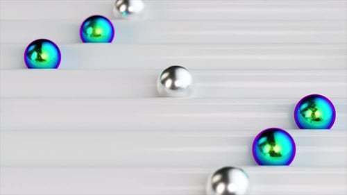 Sleek 3D Animation of Metallic and Iridescent Spheres Gliding on a Glossy Grooved White Surface