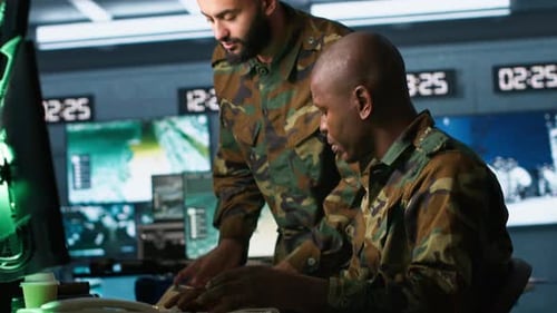 Soldier in Military HQ Base Doing Brainstorming with Coworker