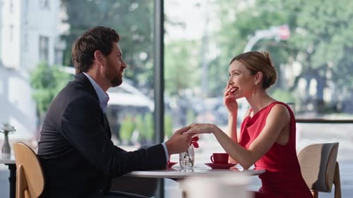 Lovely Couple Holding Hands Sitting Cozy Cafe Smiling Man Talking Beloved Woman