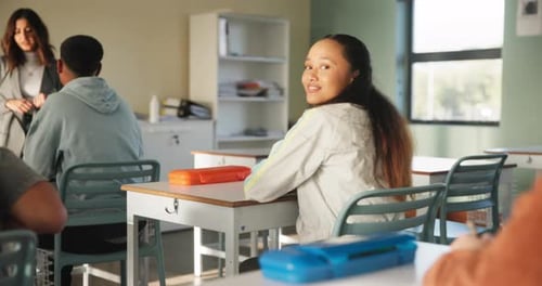 Girl, face and happy in classroom for learning, education and development as student in university