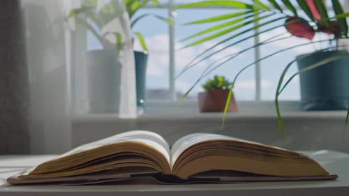 Pages Turn in Book with Plants in the Background