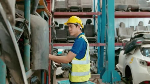 Ein asiatischer Ingenieur arbeitet in einer Fabrik für Motorenteile in schweren Industrieanlagen.