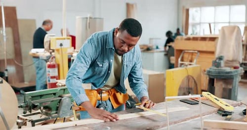 Carpenter, wood and measure with black man in workshop for manufacturing, planning and building