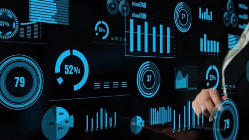 Visualisation de l'analyse des données avec des tableaux et des graphiques sur affichage numérique dans Business Environment Focusi