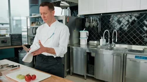 Professional kitchen chef cleans fresh green avocado with a knife removes the skin close-up