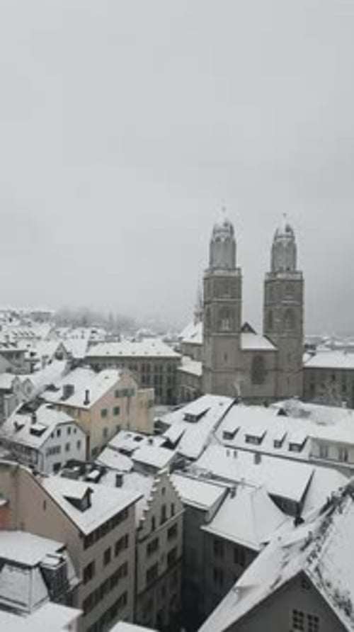 Aerial video of the steeple at the Grossmunster church in Zurich, Switzerland
