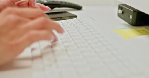 Woman Freelancer Working on Laptop at Homeoffice Close Up of Female Hands