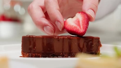 Heart Strawberry Topped on Chocolate Cake Dessert