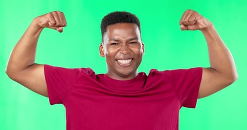 Black man, muscle and strong flexing in studio on green screen isolated on a background