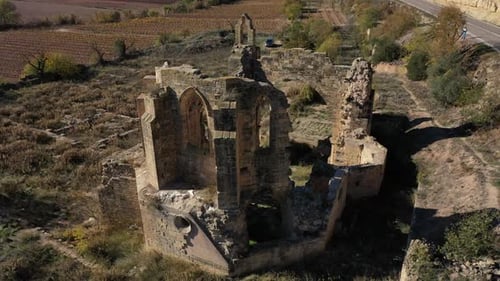 Aerial view of ruins of the abbey of Santa Maria de Vallsanta , Lleida
