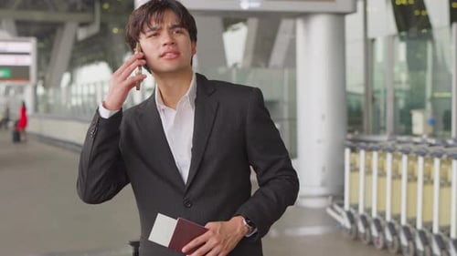 Asian businessman passenger talking on phone outside airport terminal.