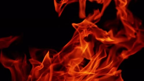 Quickly moving flames of bonfire in the wind outdoors. Fire burning at night. Close up.