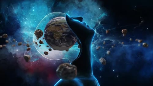 Futuristic Cosmic Head with Rotating Earth and Asteroids