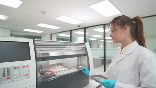 Female Scientist Working With Tissue Stainer Machine