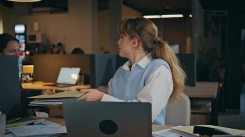 Lady Worker Examining Documents Corporate Office Table Closeup Woman Paperwork