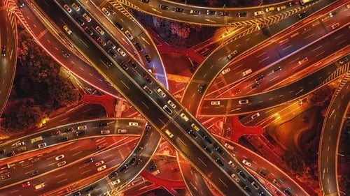 Aerial View Luminous Night Interchange Complex Traffic Flow Time Lapse