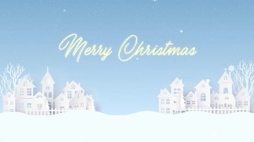 Christmas Winter Village Landscape with Santa Sleigh and Greeting Text