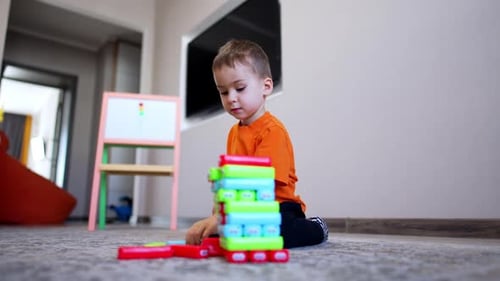 Lovely baby boy builds a tower of colorful blocks. Cute toddler kid plays on the floor at home.