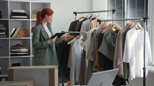 Jovem de sucesso em uma pequena empresa trabalha com óculos em loja de roupas e cheques com tablet