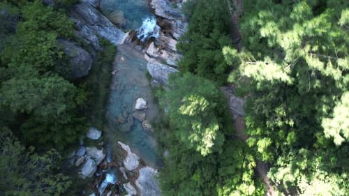 River with crystal clear waters. Aerial top view at water level. Green River. Spain.
