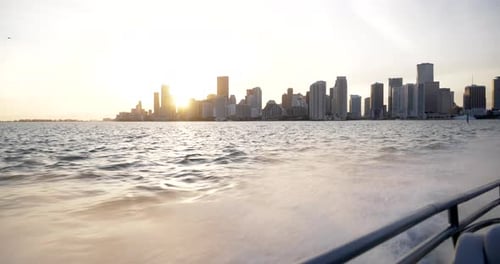 Miami Skyline Speedboat Chase at Sunset