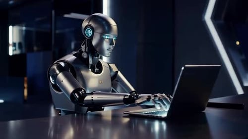 AI Humanoid Robot Typing on Laptop in High Tech Lab