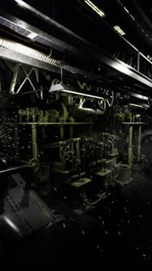 Intricate Machinery in a Dimly Lit Engine Room Revealing Industrial Details