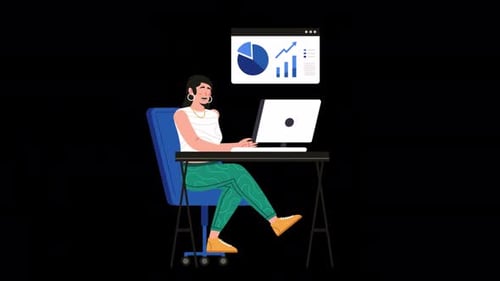 Animated Person Working on Laptop with Data Analysis