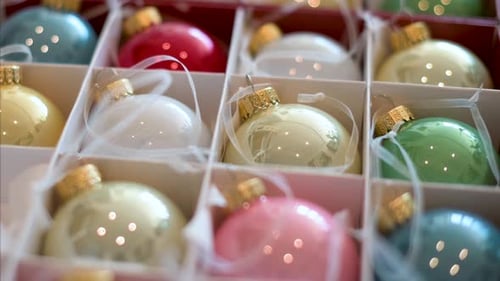 Shiny Christmas Ornaments in Compartmented Box