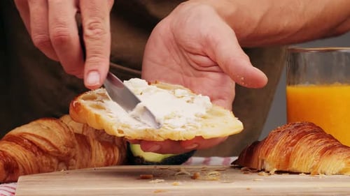 Croissant with Jamon Ham Salmon in Modern Cafe Top View of Healthy Breakfast in Cafe English