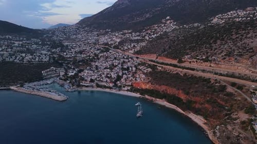 Aerial the Beautiful City of Kalkan on the Shore of a Beautiful Bay