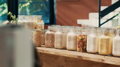 Bulk Products in Reusable Jars on Display at Local Supermarket