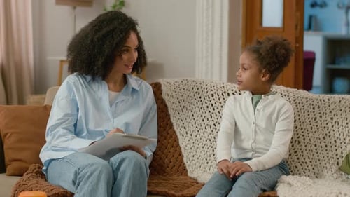 African American Woman Child Psychologist Mental Health Kid Little Girl Conversation Talking Write