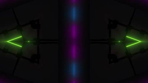 Dynamic neon tunnel with glowing purple geometric shapes and lights