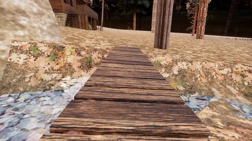 Wooden bridge over stream leads to cozy cabin in the woods, perfect for getaway