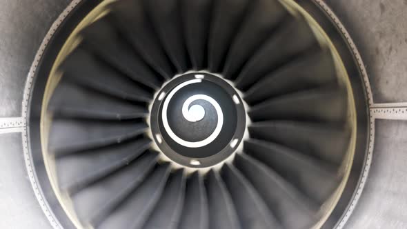 The rotation of airplane engine. Front view of aircraft engine turning ...