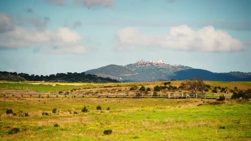 Landscape with Castle Mourao, Portugal. Timelapse