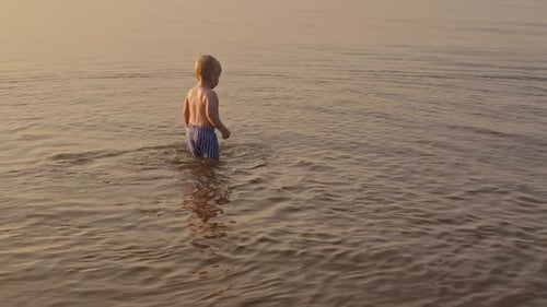 Child Walking Barefoot in Golden Hour Water