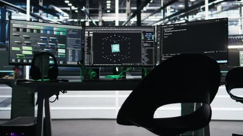 Monitors in Data Center Displaying Node Tree Programming Software