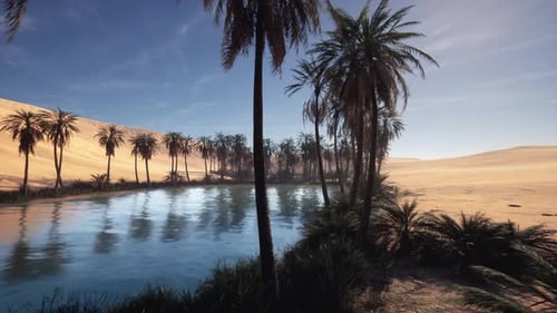 Scenic Desert Oasis with Palm Trees Panning Animation