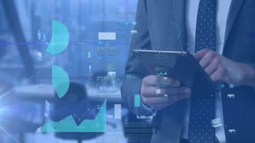 Animation of data processing over businessman using tablet in office
